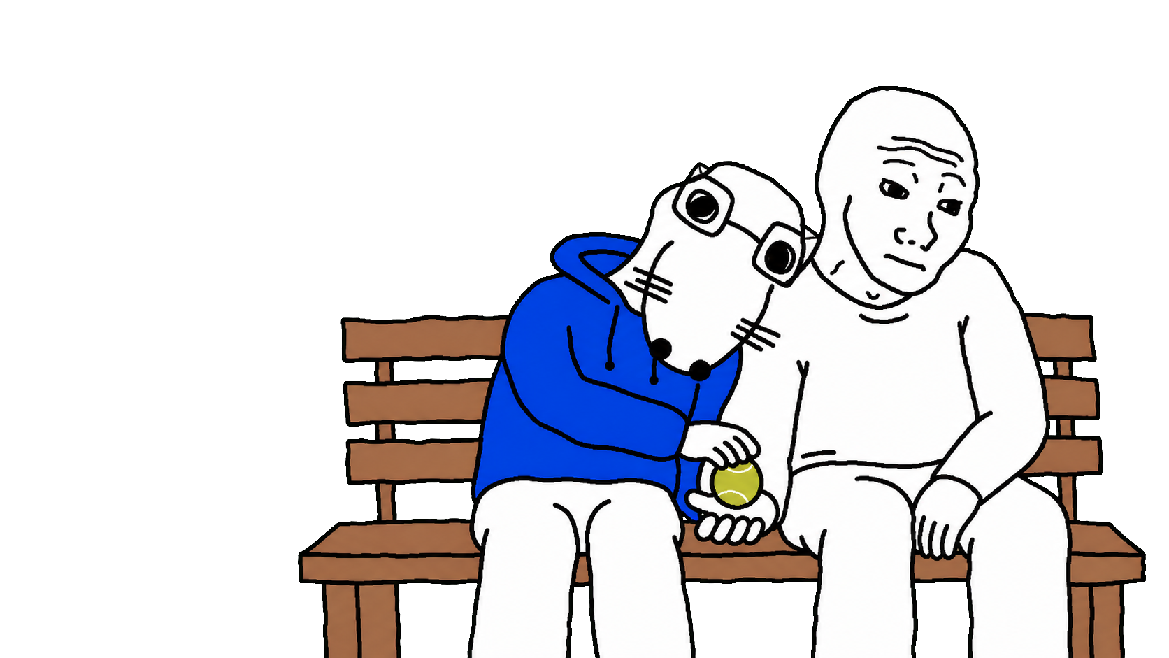 Dogjak comforting a sad Wojak on a bench and giving him a ball