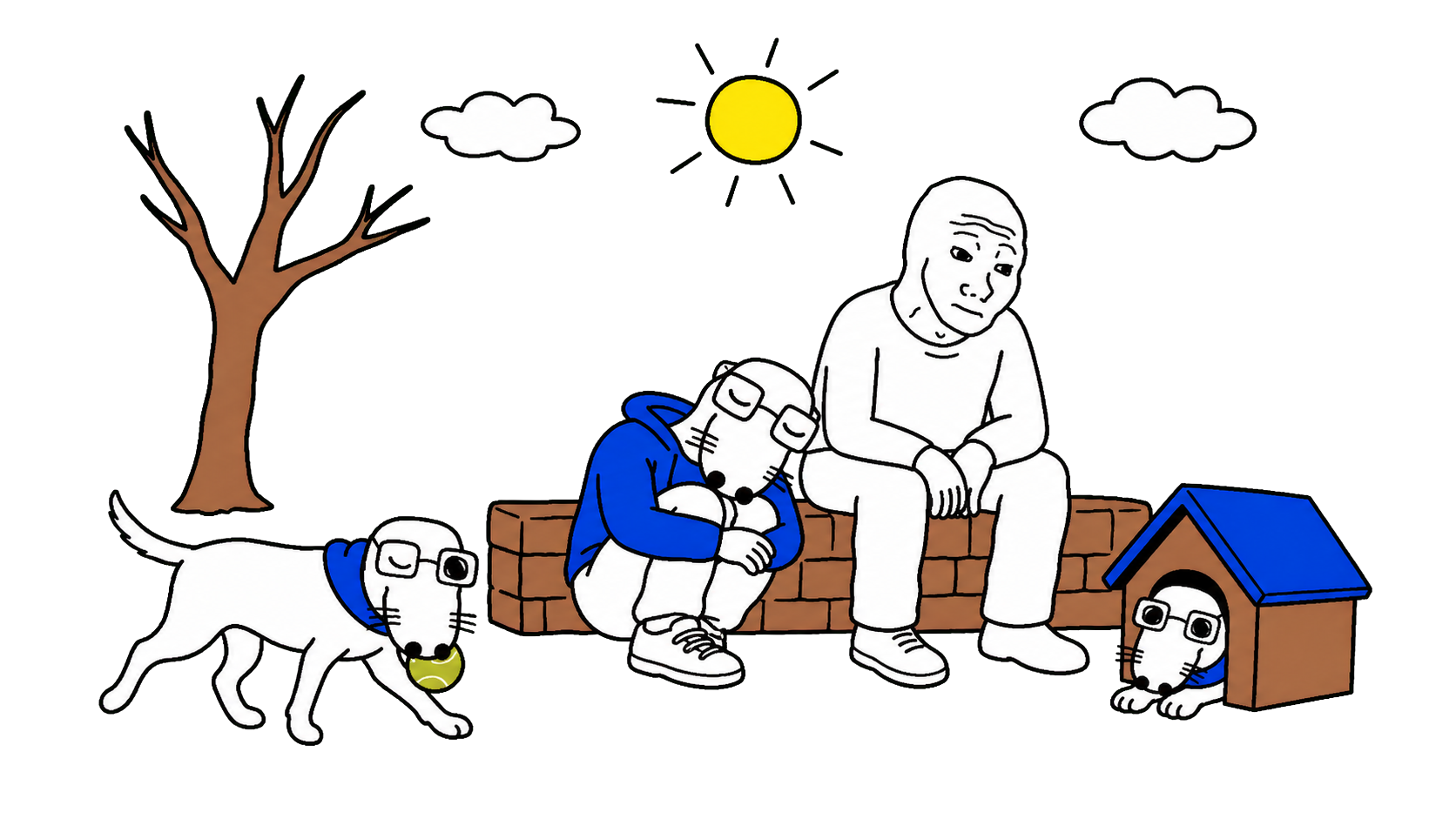 Dogjaks and a Wojak sharing a quiet day in a neighborhood park