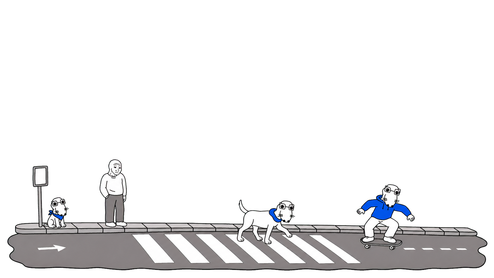 A Wojak and three kinds of Dogjak sharing a neighborhood crosswalk
